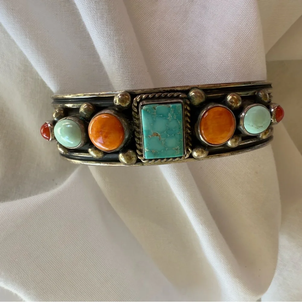 A. Jake Navajo Bracelet Turquoise & Coral Stone Sterling Silver Bracelet 7” NWOT - Picture 5 of 11